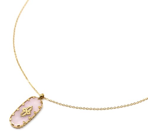 Collier-Chaine-avec-Pierre-Rectangle-Rose-Pale-Motif-Baroque-Acier-Dore