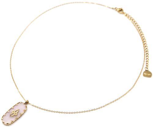 Collier-Chaine-avec-Pierre-Rectangle-Rose-Pale-Motif-Baroque-Acier-Dore