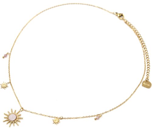 Collier-Pendentif-Multi-Soleils-Points-Acier-Dore-Pierre-et-Perles-Rose-Pale