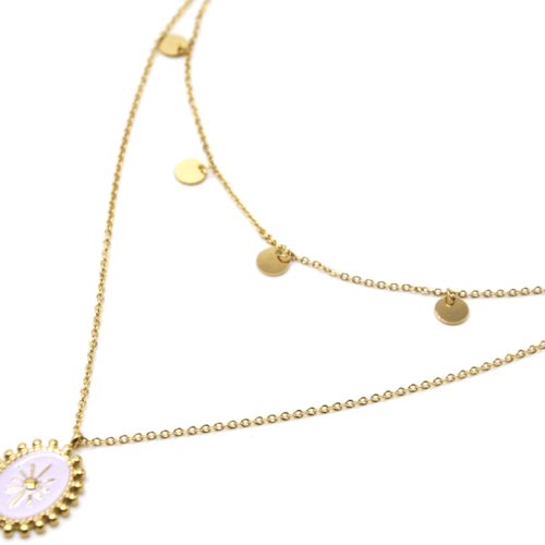 Collier-Double-Chaines-Pampilles-Acier-Dore-et-Ovale-Email-Lilas-Motif-Soleil-Billes