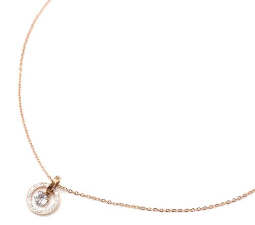 Collier-Fine-Chaine-Acier-Or-Rose-avec-Cercle-Contour-Strass-et-Pierre-Ronde