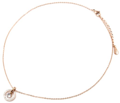 Collier-Fine-Chaine-Acier-Or-Rose-avec-Cercle-Contour-Strass-et-Pierre-Ronde