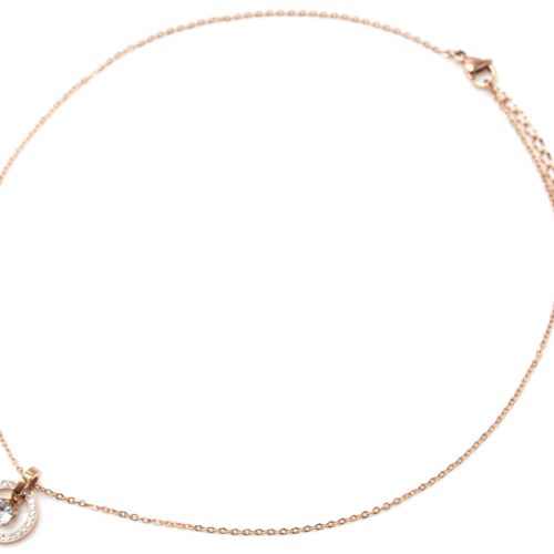 Collier-Fine-Chaine-Acier-Or-Rose-avec-Cercle-Contour-Strass-et-Pierre-Ronde