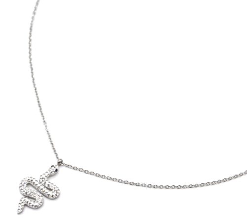 Collier-Chaine-Acier-Argente-Pendentif-Serpent-Ondule-Strass-Blanc