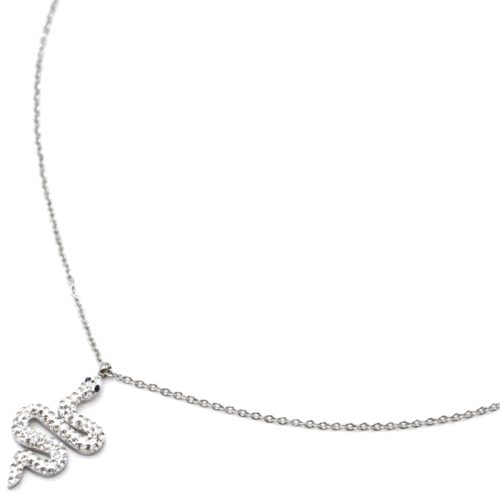 Collier-Chaine-Acier-Argente-Pendentif-Serpent-Ondule-Strass-Blanc