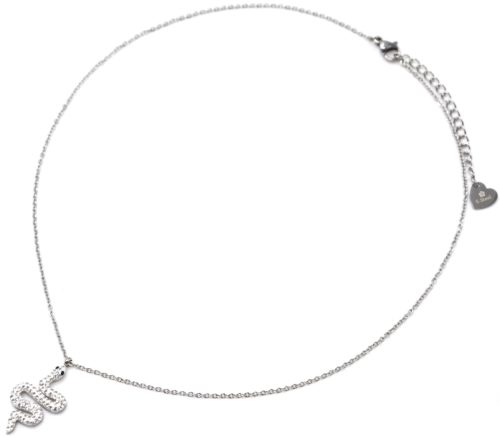 Collier-Chaine-Acier-Argente-Pendentif-Serpent-Ondule-Strass-Blanc