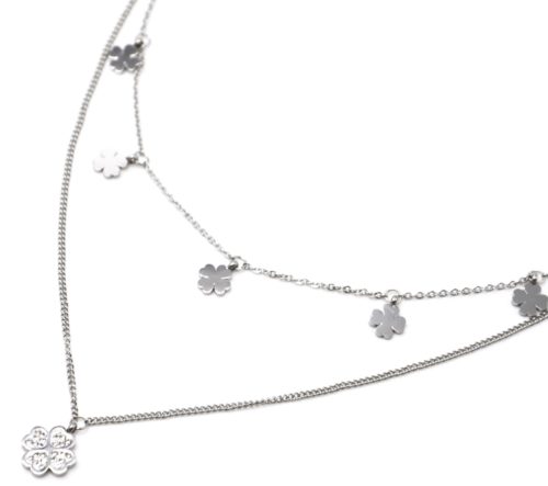 Collier-Double-Chaines-avec-Pampilles-Trefles-Acier-Argente-et-Strass-Blanc