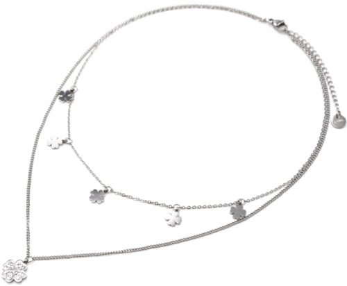 Collier-Double-Chaines-avec-Pampilles-Trefles-Acier-Argente-et-Strass-Blanc