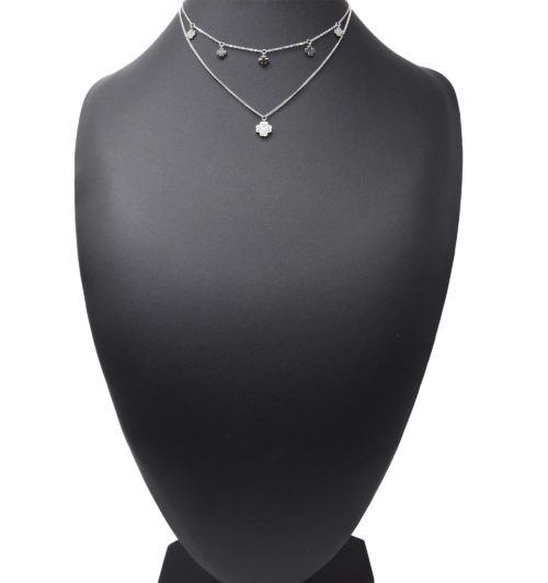 Collier-Double-Chaines-avec-Pampilles-Trefles-Acier-Argente-et-Strass-Blanc