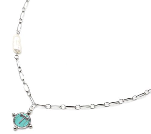 Collier-Chaine-Maillons-Acier-Argente-avec-Perle-et-Pierre-Turquoise-Motif-Libellule