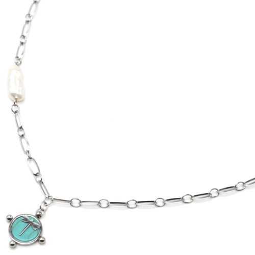 Collier-Chaine-Maillons-Acier-Argente-avec-Perle-et-Pierre-Turquoise-Motif-Libellule