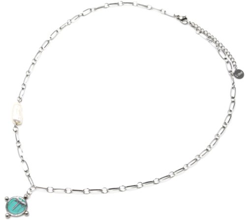 Collier-Chaine-Maillons-Acier-Argente-avec-Perle-et-Pierre-Turquoise-Motif-Libellule
