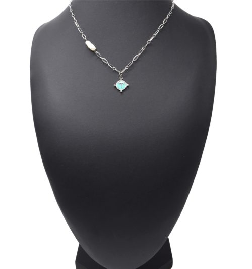 Collier-Chaine-Maillons-Acier-Argente-avec-Perle-et-Pierre-Turquoise-Motif-Libellule