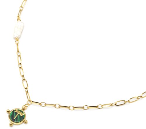 Collier-Chaine-Maillons-Acier-Dore-avec-Perle-et-Pierre-Verte-Motif-Libellule