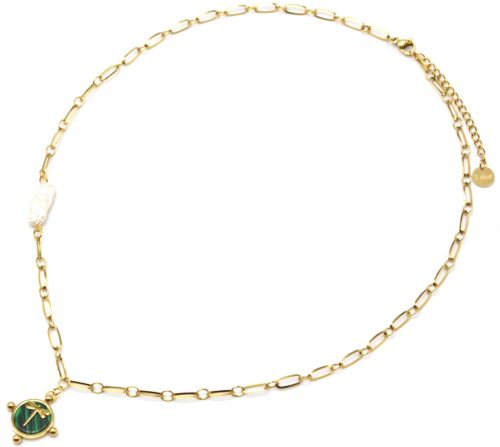 Collier-Chaine-Maillons-Acier-Dore-avec-Perle-et-Pierre-Verte-Motif-Libellule