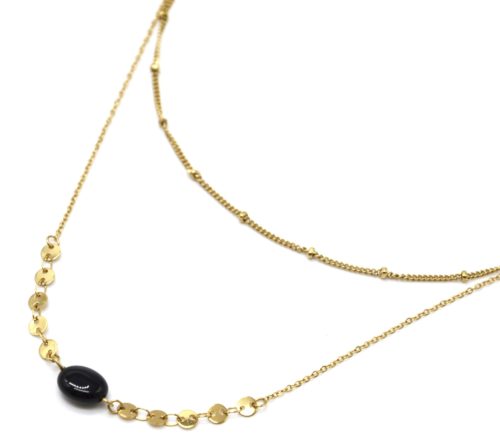 Collier-Double-Chaines-Billes-et-Mini-Cercles-Acier-Dore-avec-Pierre-Noire