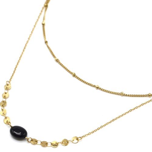 Collier-Double-Chaines-Billes-et-Mini-Cercles-Acier-Dore-avec-Pierre-Noire