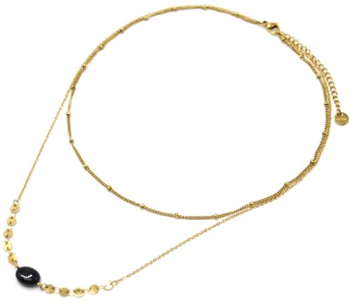 Collier-Double-Chaines-Billes-et-Mini-Cercles-Acier-Dore-avec-Pierre-Noire