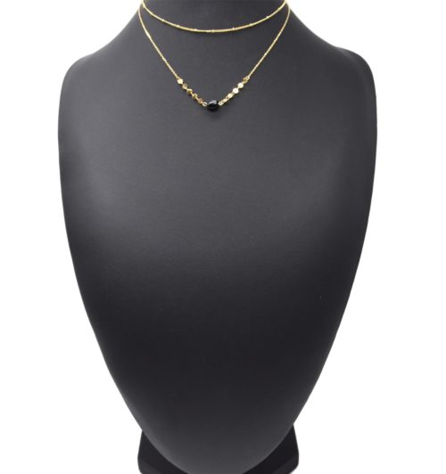 Collier-Double-Chaines-Billes-et-Mini-Cercles-Acier-Dore-avec-Pierre-Noire