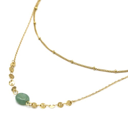 Collier-Double-Chaines-Billes-et-Mini-Cercles-Acier-Dore-avec-Pierre-Verte