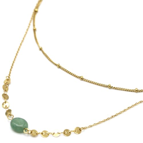 Collier-Double-Chaines-Billes-et-Mini-Cercles-Acier-Dore-avec-Pierre-Verte