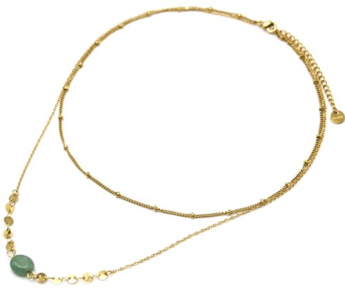 Collier-Double-Chaines-Billes-et-Mini-Cercles-Acier-Dore-avec-Pierre-Verte