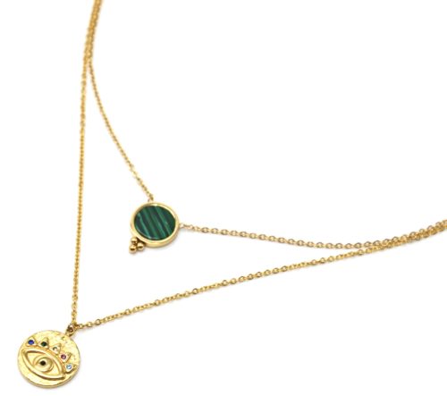 Collier-Double-Chaines-Acier-Dore-avec-Pierre-Verte-et-Medaille-Oeil-Strass