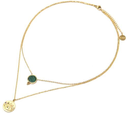 Collier-Double-Chaines-Acier-Dore-avec-Pierre-Verte-et-Medaille-Oeil-Strass