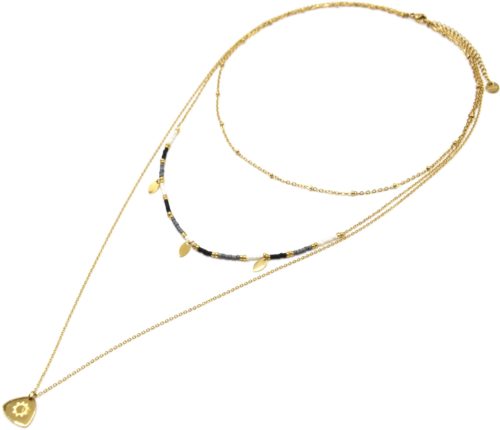 Collier-Triple-Chaines-avec-Perles-Pampilles-et-Medaille-Soleil-Acier-Dore