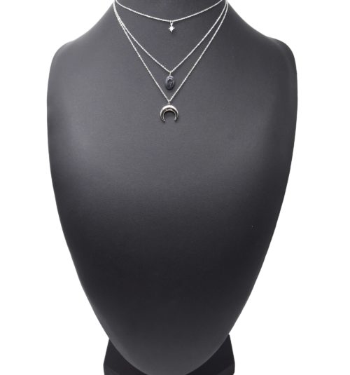 Collier-Triple-Chaines-avec-Etoile-Pierre-Marbre-Noir-et-Cornes-Lunes-Lunes-Acier-Argente