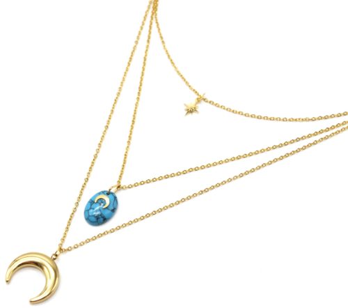 Collier-Triple-Chaines-avec-Etoile-Pierre-Marbre-Turquoise-et-Cornes-Lunes-Acier-Dore