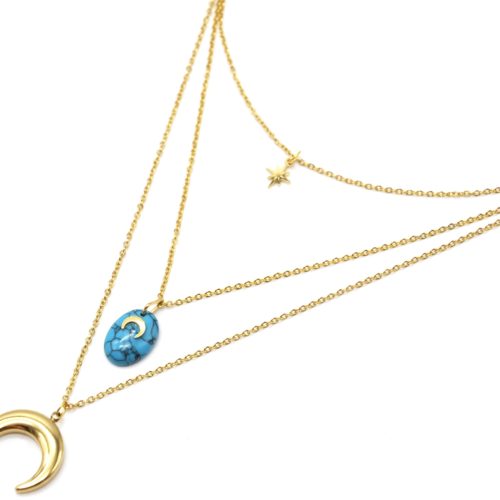 Collier-Triple-Chaines-avec-Etoile-Pierre-Marbre-Turquoise-et-Cornes-Lunes-Acier-Dore