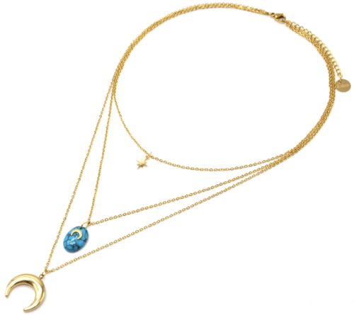 Collier-Triple-Chaines-avec-Etoile-Pierre-Marbre-Turquoise-et-Cornes-Lunes-Acier-Dore