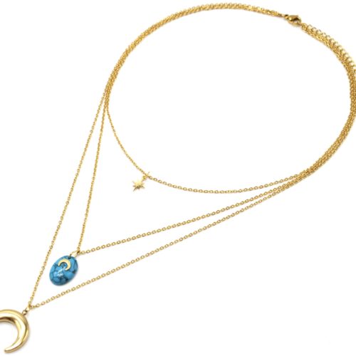 Collier-Triple-Chaines-avec-Etoile-Pierre-Marbre-Turquoise-et-Cornes-Lunes-Acier-Dore