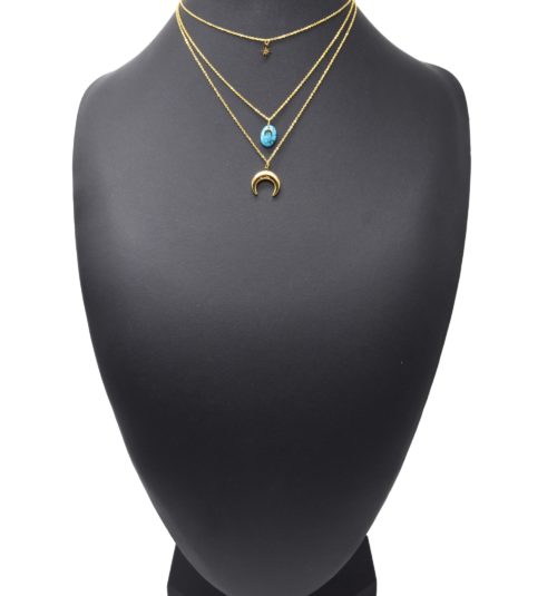 Collier-Triple-Chaines-avec-Etoile-Pierre-Marbre-Turquoise-et-Cornes-Lunes-Acier-Dore