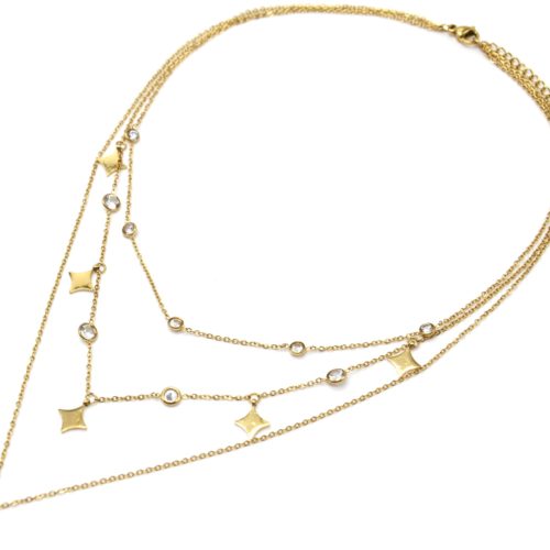 Collier-Triple-Chaines-avec-Pampilles-Losanges-Acier-Dore-et-Pierres