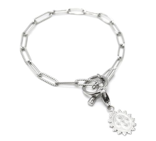 Bracelet-Chaine-Maillons-Fermoir-T-avec-Charm-Ovale-Soleil-et-Motif-Acier-Argente