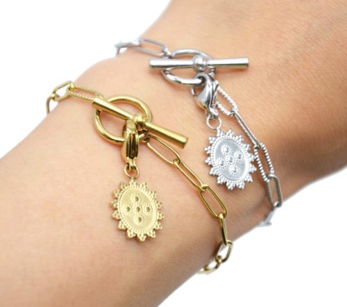 Bracelet-Chaine-Maillons-Fermoir-T-avec-Charm-Ovale-Soleil-et-Motif-Acier