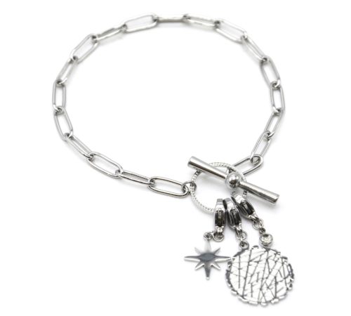 Bracelet-Chaine-Maillons-Fermoir-T-avec-Charms-Medaille-Relief-Etoile-Acier-Argente-et-Pierre