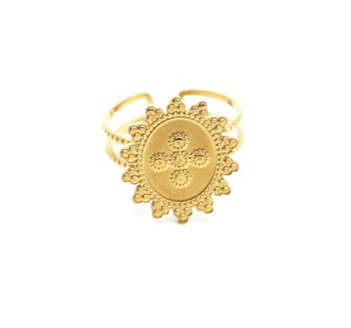 Bague-Anneau-avec-Medaille-Ovale-Soleil-Motif-Croix-Acier-Dore