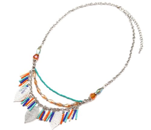 Collier-Multi-Rangs-Chaines-Perles-Multicolore-et-Charms-Feuilles-Ajourees-Metal-Argente