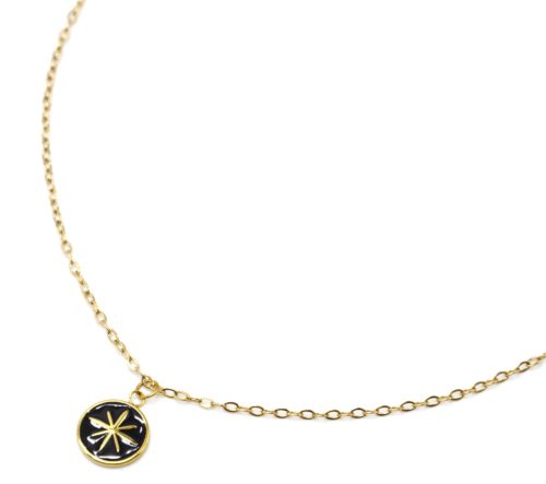 Collier-Chaine-Acier-Dore-Pendentif-Cercle-Email-Noir-Motif-Etoile-Polaire