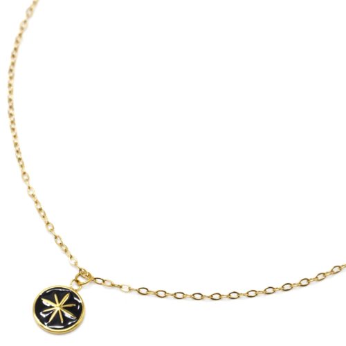 Collier-Chaine-Acier-Dore-Pendentif-Cercle-Email-Noir-Motif-Etoile-Polaire