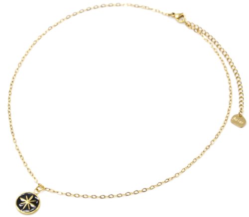 Collier-Chaine-Acier-Dore-Pendentif-Cercle-Email-Noir-Motif-Etoile-Polaire