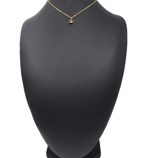 Collier-Chaine-Acier-Dore-Pendentif-Cercle-Email-Noir-Motif-Etoile-Polaire