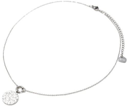 Collier-Pendentif-Mousqueton-et-Medaille-Martelee-Acier-Argente