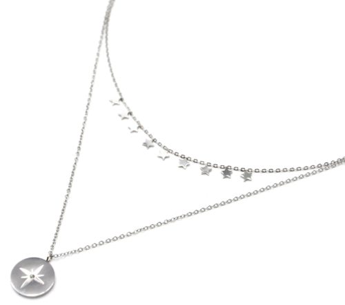 Collier-Double-Chaines-avec-Mini-Etoiles-et-Medaille-Etoile-Polaire-Acier-Argente