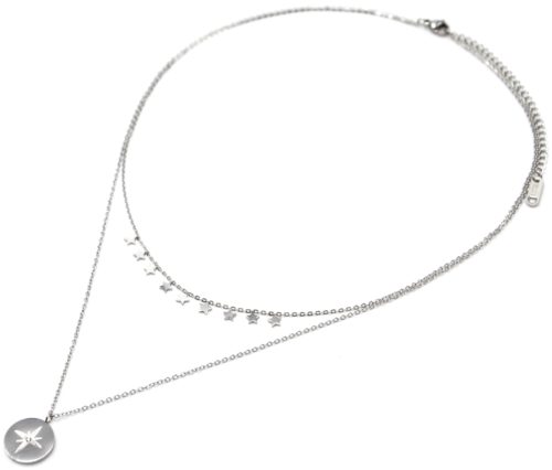 Collier-Double-Chaines-avec-Mini-Etoiles-et-Medaille-Etoile-Polaire-Acier-Argente