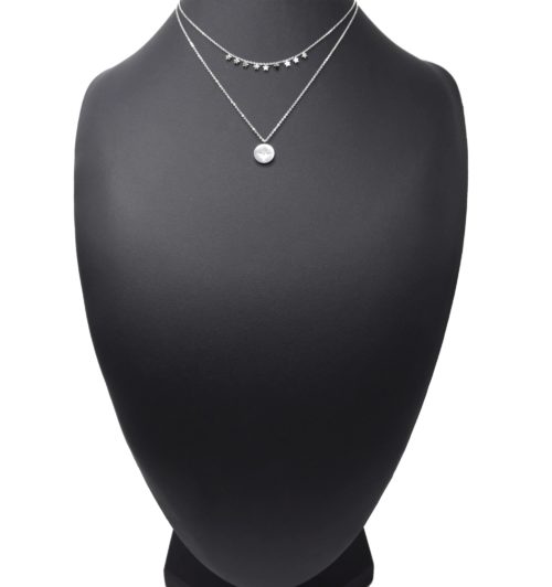 Collier-Double-Chaines-avec-Mini-Etoiles-et-Medaille-Etoile-Polaire-Acier-Argente