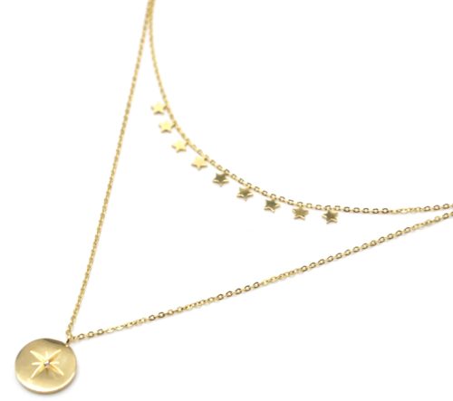 Collier-Double-Chaines-avec-Mini-Etoiles-et-Medaille-Etoile-Polaire-Acier-Dore